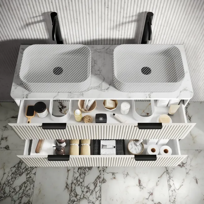 Cadiz Fluted Linen White Double Wall Hung Drawer Vanity with Marble Top 1200mm (Excludes Basin) - Black Accents
