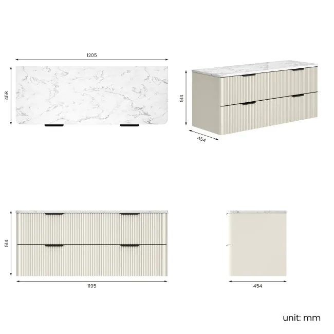 Cadiz Fluted Linen White Double Wall Hung Drawer Vanity with Marble Top 1200mm (Excludes Basin) - Black Accents