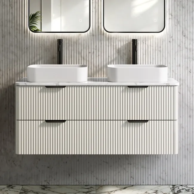 Cadiz Fluted Linen White Double Wall Hung Drawer Vanity with Marble Top & Marin Basin 1200mm - Black Accents