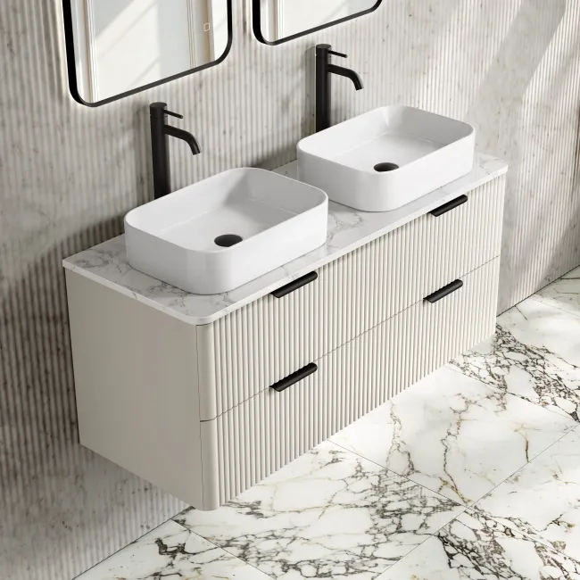 Cadiz Fluted Linen White Double Wall Hung Drawer Vanity with Marble Top & Marin Basin 1200mm - Black Accents