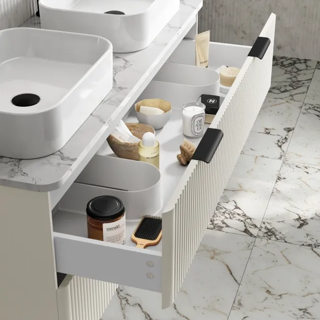Cadiz Fluted Linen White Double Wall Hung Drawer Vanity with Marble Top & Marin Basin 1200mm - Black Accents