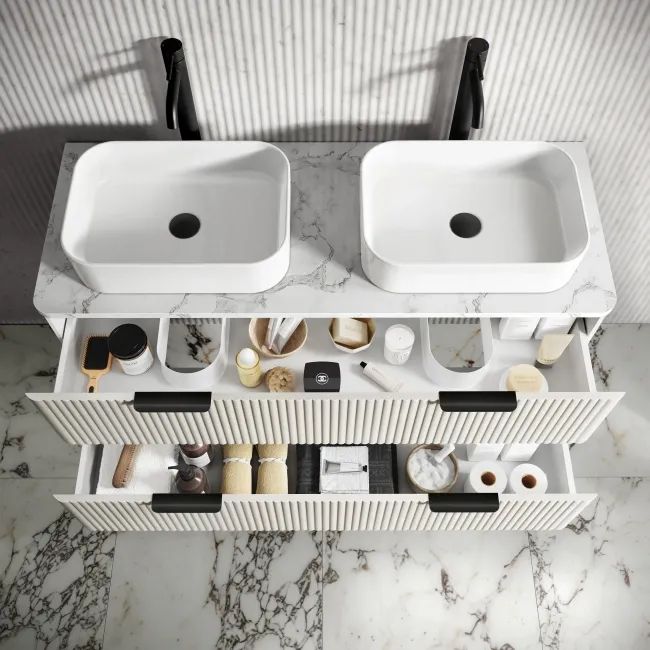 Cadiz Fluted Linen White Double Wall Hung Drawer Vanity with Marble Top & Marin Basin 1200mm - Black Accents