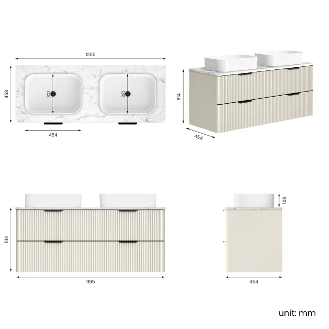 Cadiz Fluted Linen White Double Wall Hung Drawer Vanity with Marble Top & Marin Basin 1200mm - Black Accents