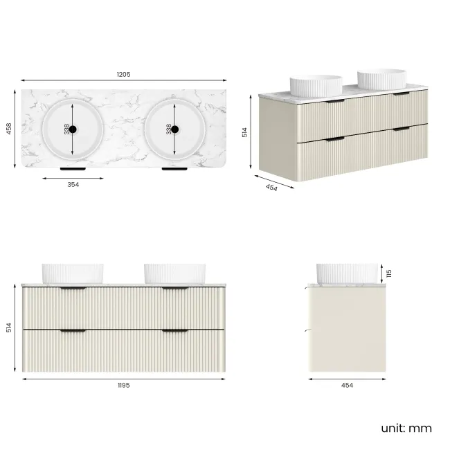 Cadiz Fluted Linen White Double Wall Hung Drawer Vanity with Marble Top & Nevis Basin 1200mm - Black Accents