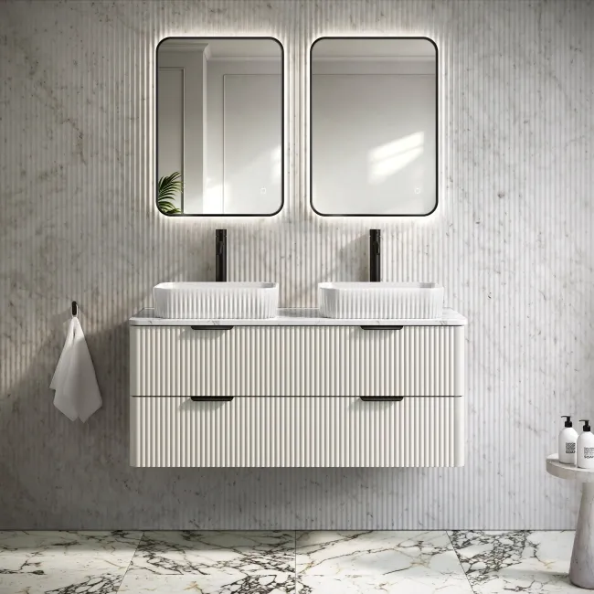 Cadiz Fluted Linen White Double Wall Hung Drawer Vanity with Marble Top & Reno Basin 1200mm - Black Accents