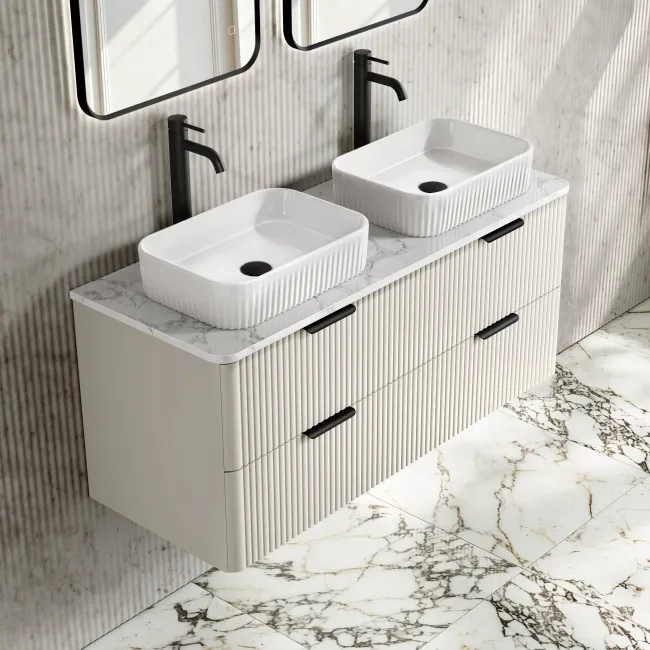 Cadiz Fluted Linen White Double Wall Hung Drawer Vanity with Marble Top & Reno Basin 1200mm - Black Accents