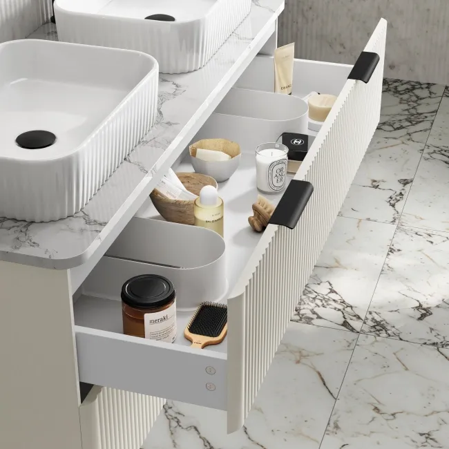 Cadiz Fluted Linen White Double Wall Hung Drawer Vanity with Marble Top & Reno Basin 1200mm - Black Accents