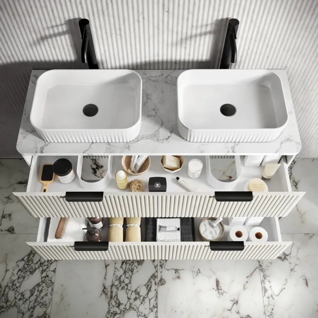 Cadiz Fluted Linen White Double Wall Hung Drawer Vanity with Marble Top & Reno Basin 1200mm - Black Accents