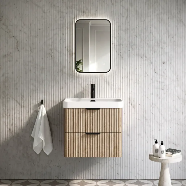 Cadiz Fluted Apex Oak Wall Hung Basin Drawer Vanity 600mm - Black Accents