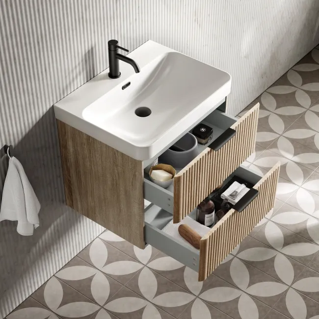 Cadiz Fluted Apex Oak Wall Hung Basin Drawer Vanity 600mm - Black Accents