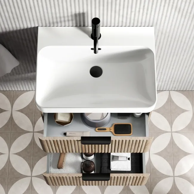 Cadiz Fluted Apex Oak Wall Hung Basin Drawer Vanity 600mm - Black Accents