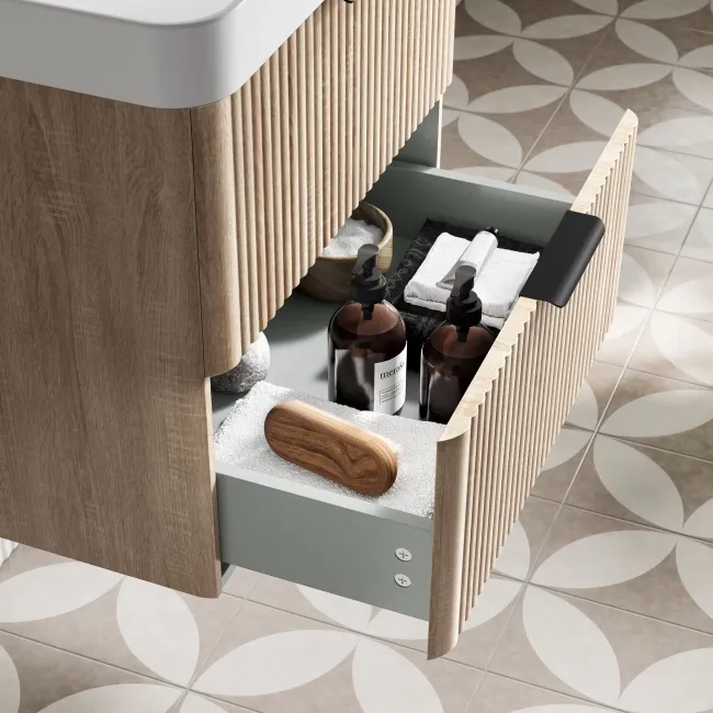 Cadiz Fluted Apex Oak Wall Hung Basin Drawer Vanity 600mm - Black Accents