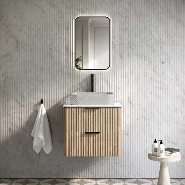 Cadiz Fluted Apex Oak Wall Hung Drawer Vanity with Marble Top 600mm (Excludes Basin) - Black Accents