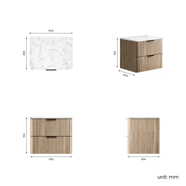 Cadiz Fluted Apex Oak Wall Hung Drawer Vanity with Marble Top 600mm (Excludes Basin) - Black Accents