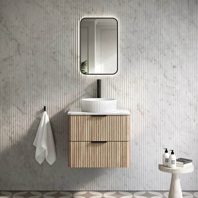 Cadiz Fluted Apex Oak Wall Hung Drawer Vanity with Marble Top & Nevis Basin 600mm - Black Accents