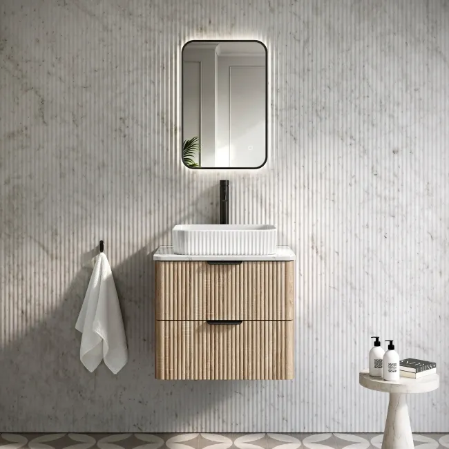 Cadiz Fluted Apex Oak Wall Hung Drawer Vanity with Marble Top & Reno Basin 600mm - Black Accents