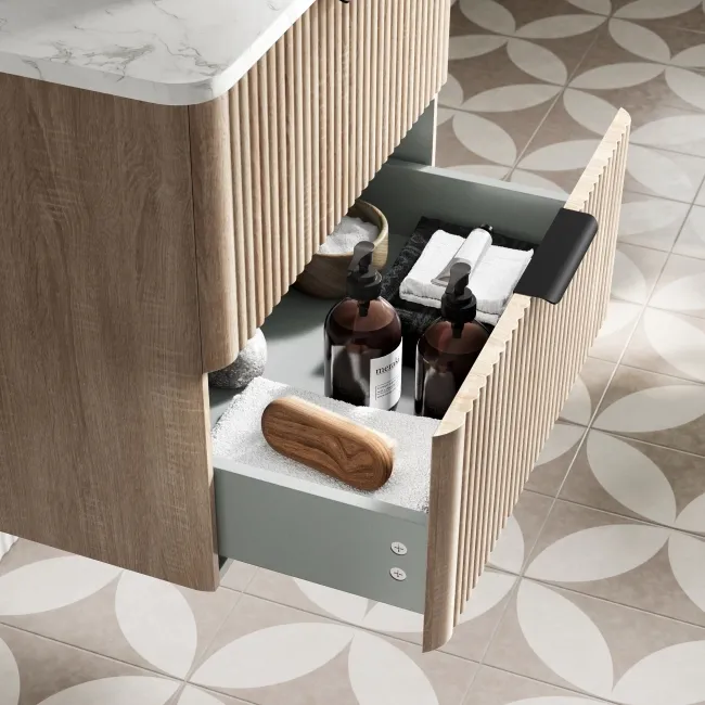 Cadiz Fluted Apex Oak Wall Hung Drawer Vanity with Marble Top & Reno Basin 600mm - Black Accents