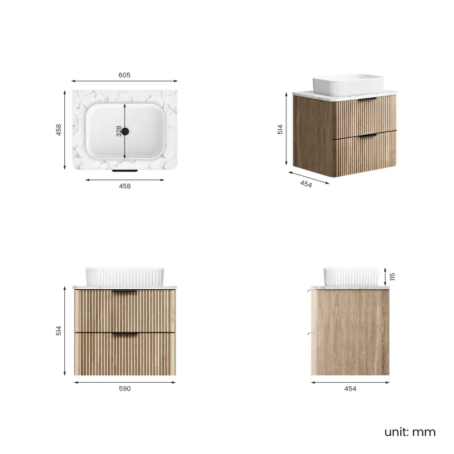 Cadiz Fluted Apex Oak Wall Hung Drawer Vanity with Marble Top & Reno Basin 600mm - Black Accents