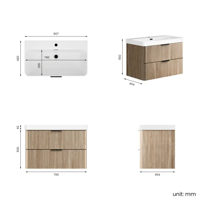 Cadiz Fluted Apex Oak Wall Hung Basin Drawer Vanity 800mm - Black Accents