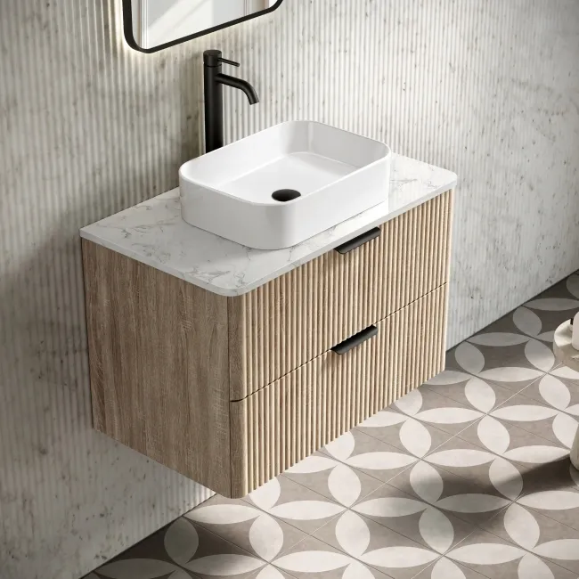 Cadiz Fluted Apex Oak Wall Hung Drawer Vanity with Marble Top 800mm (Excludes Basin) - Black Accents