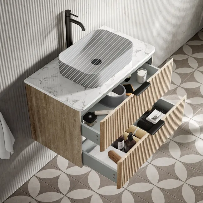 Cadiz Fluted Apex Oak Wall Hung Drawer Vanity with Marble Top 800mm (Excludes Basin) - Black Accents