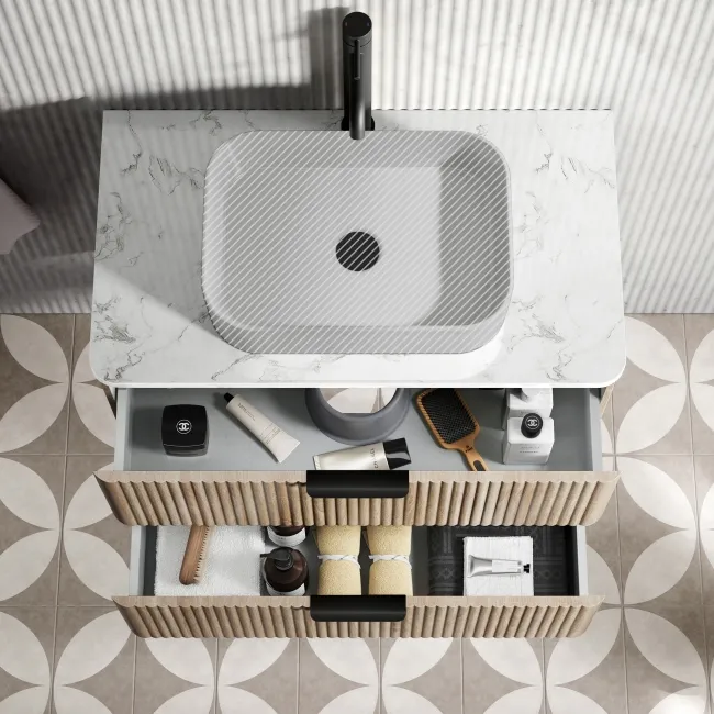 Cadiz Fluted Apex Oak Wall Hung Drawer Vanity with Marble Top 800mm (Excludes Basin) - Black Accents