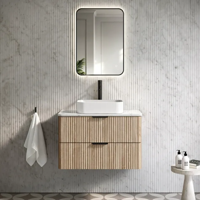 Cadiz Fluted Apex Oak Wall Hung Drawer Vanity with Marble Top & Marin Basin 800mm - Black Accents