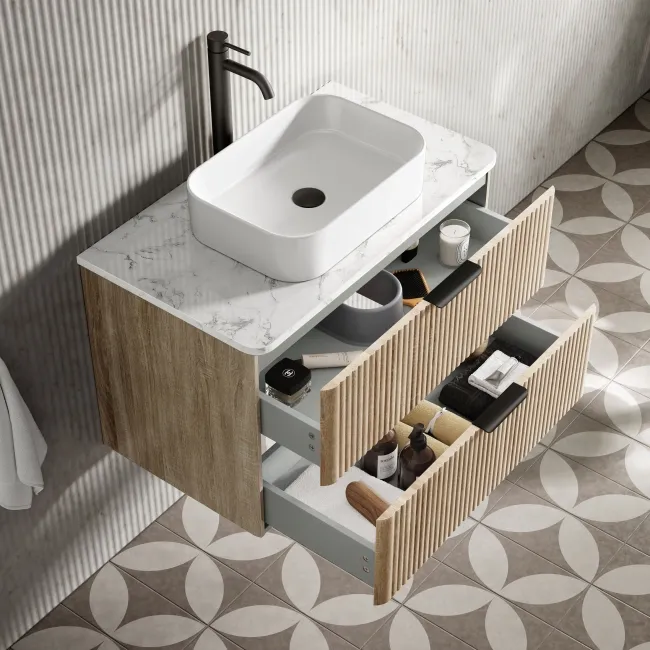 Cadiz Fluted Apex Oak Wall Hung Drawer Vanity with Marble Top & Marin Basin 800mm - Black Accents