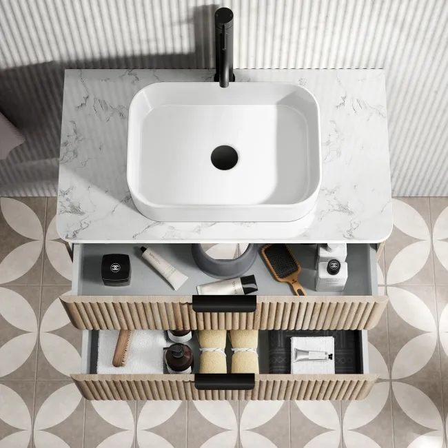 Cadiz Fluted Apex Oak Wall Hung Drawer Vanity with Marble Top & Marin Basin 800mm - Black Accents
