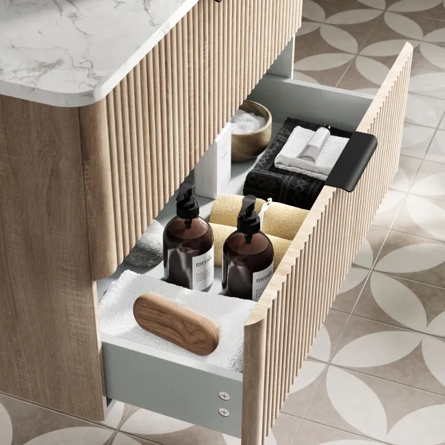 Cadiz Fluted Apex Oak Wall Hung Drawer Vanity with Marble Top & Marin Basin 800mm - Black Accents
