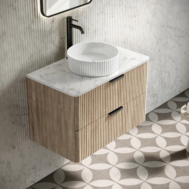 Cadiz Fluted Apex Oak Wall Hung Drawer Vanity with Marble Top & Nevis Basin 800mm - Black Accents