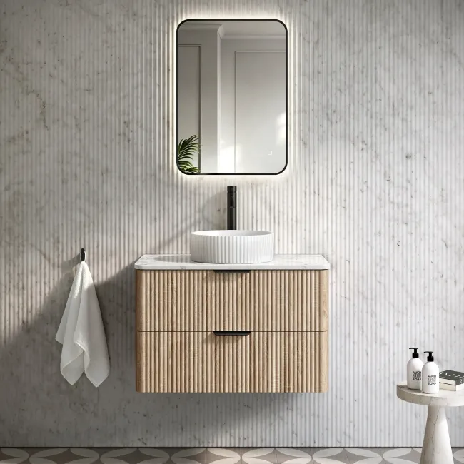 Cadiz Fluted Apex Oak Wall Hung Drawer Vanity with Marble Top & Nevis Basin 800mm - Black Accents