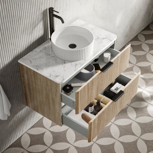 Cadiz Fluted Apex Oak Wall Hung Drawer Vanity with Marble Top & Nevis Basin 800mm - Black Accents