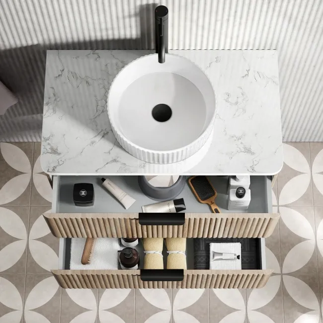 Cadiz Fluted Apex Oak Wall Hung Drawer Vanity with Marble Top & Nevis Basin 800mm - Black Accents