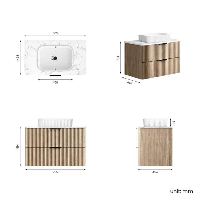 Cadiz Fluted Apex Oak Wall Hung Drawer Vanity with Marble Top & Reno Basin 800mm - Black Accents