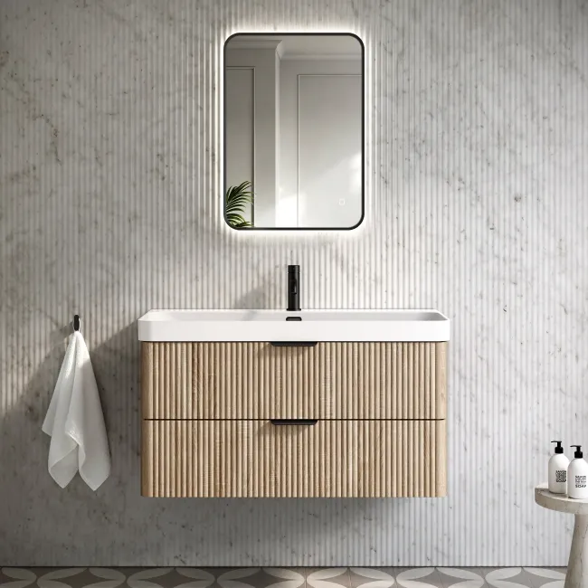Cadiz Fluted Apex Oak Wall Hung Basin Drawer Vanity 1000mm - Black Accents