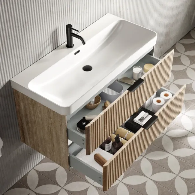 Cadiz Fluted Apex Oak Wall Hung Basin Drawer Vanity 1000mm - Black Accents