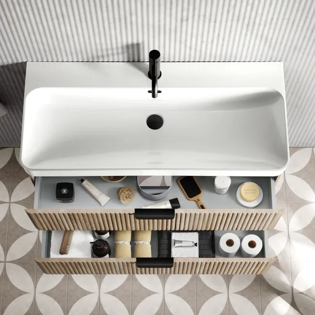 Cadiz Fluted Apex Oak Wall Hung Basin Drawer Vanity 1000mm - Black Accents