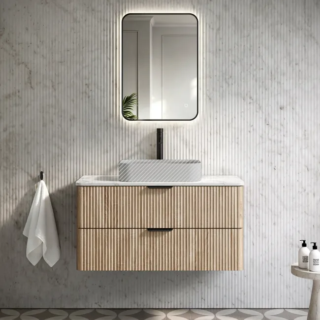 Cadiz Fluted Apex Oak Wall Hung Drawer Vanity with Marble Top 1000mm (Excludes Basin) - Black Accents