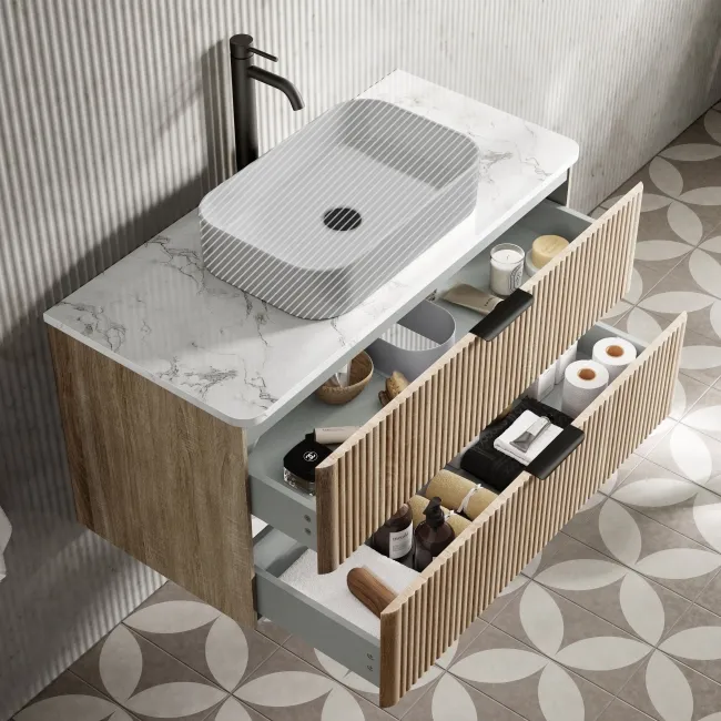 Cadiz Fluted Apex Oak Wall Hung Drawer Vanity with Marble Top 1000mm (Excludes Basin) - Black Accents