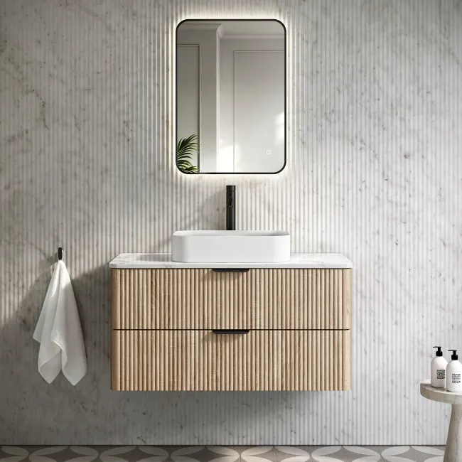 Cadiz Fluted Apex Oak Wall Hung Drawer Vanity with Marble Top & Marin Basin 1000mm - Black Accents