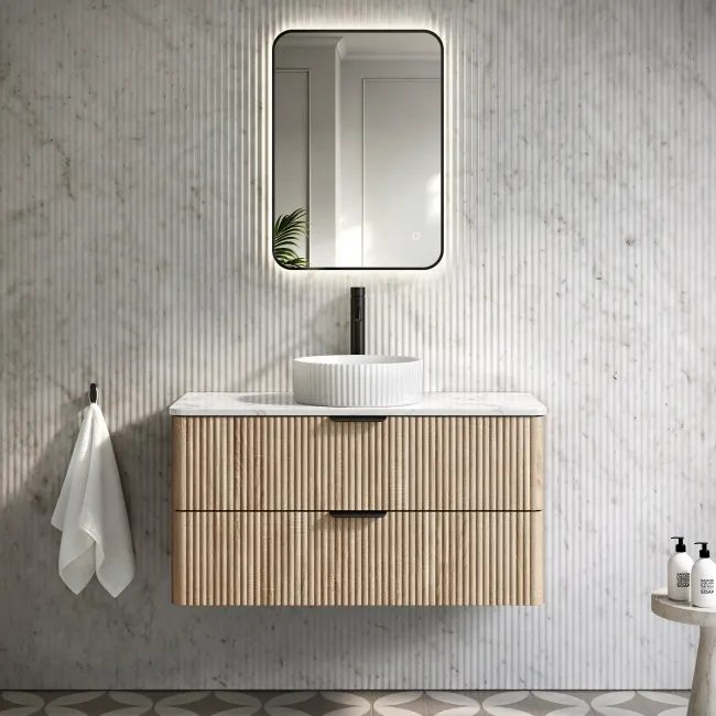 Cadiz Fluted Apex Oak Wall Hung Drawer Vanity with Marble Top & Nevis Basin 1000mm - Black Accents