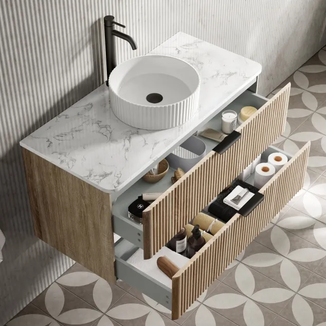 Cadiz Fluted Apex Oak Wall Hung Drawer Vanity with Marble Top & Nevis Basin 1000mm - Black Accents