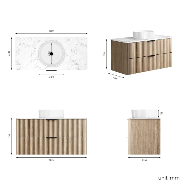 Cadiz Fluted Apex Oak Wall Hung Drawer Vanity with Marble Top & Nevis Basin 1000mm - Black Accents