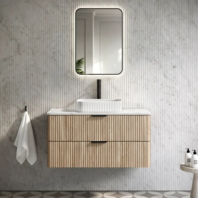 Cadiz Fluted Apex Oak Wall Hung Drawer Vanity with Marble Top & Reno Basin 1000mm - Black Accents