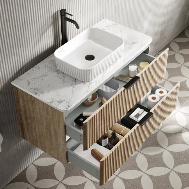 Cadiz Fluted Apex Oak Wall Hung Drawer Vanity with Marble Top & Reno Basin 1000mm - Black Accents