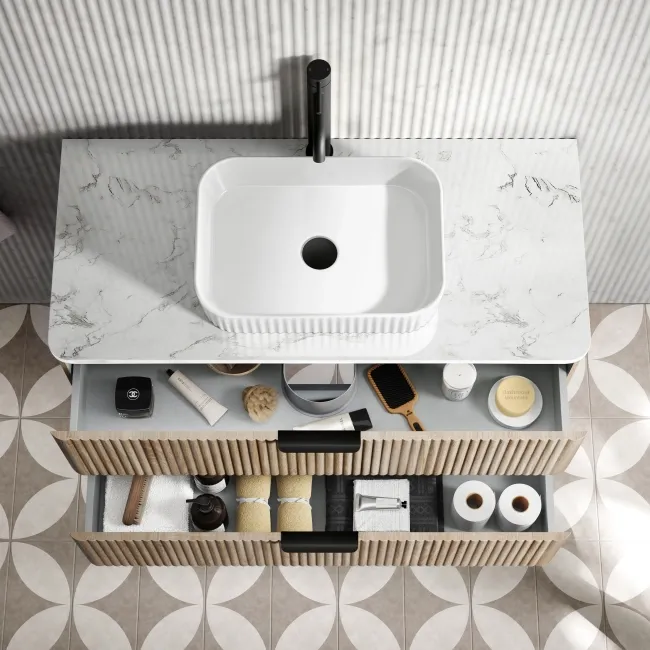 Cadiz Fluted Apex Oak Wall Hung Drawer Vanity with Marble Top & Reno Basin 1000mm - Black Accents