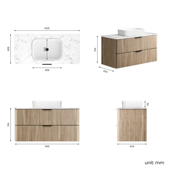 Cadiz Fluted Apex Oak Wall Hung Drawer Vanity with Marble Top & Reno Basin 1000mm - Black Accents