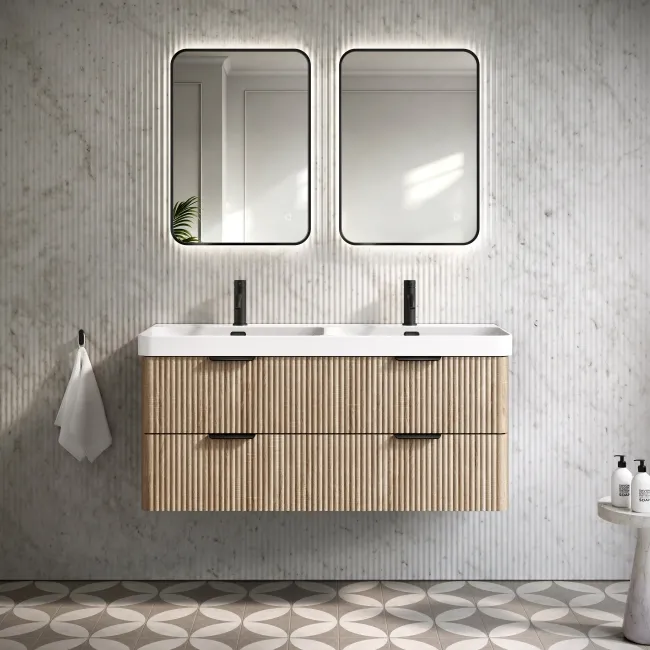 Cadiz Fluted Apex Oak Wall Hung Double Basin Drawer Vanity 1200mm - Black Accents