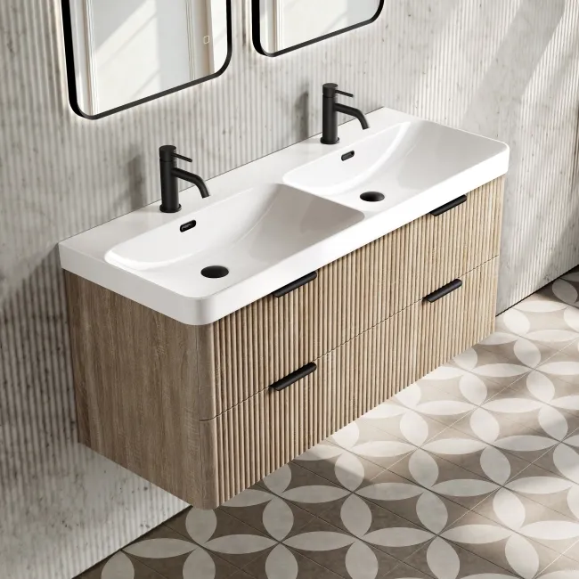 Cadiz Fluted Apex Oak Wall Hung Double Basin Drawer Vanity 1200mm - Black Accents